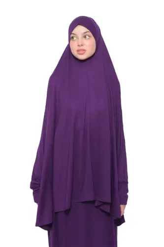 Pratik Iki Parça Pamuklu Yarasa Kollu Başörtülü Organik Tesettür Namaz Elbisesi-mürdüm-Mürdüm - 2