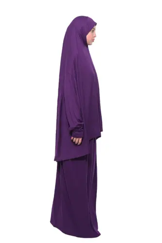 Pratik Iki Parça Pamuklu Yarasa Kollu Başörtülü Organik Tesettür Namaz Elbisesi-mürdüm-Mürdüm - 3