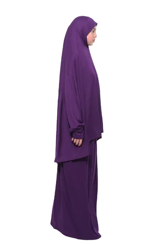 Pratik Iki Parça Pamuklu Yarasa Kollu Başörtülü Organik Tesettür Namaz Elbisesi-mürdüm-Mürdüm - 3