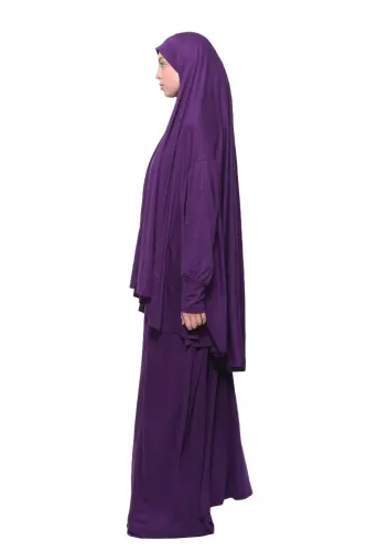 Pratik Iki Parça Pamuklu Yarasa Kollu Başörtülü Organik Tesettür Namaz Elbisesi-mürdüm-Mürdüm - 4