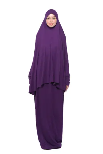 Pratik Iki Parça Pamuklu Yarasa Kollu Başörtülü Organik Tesettür Namaz Elbisesi-mürdüm-Mürdüm 