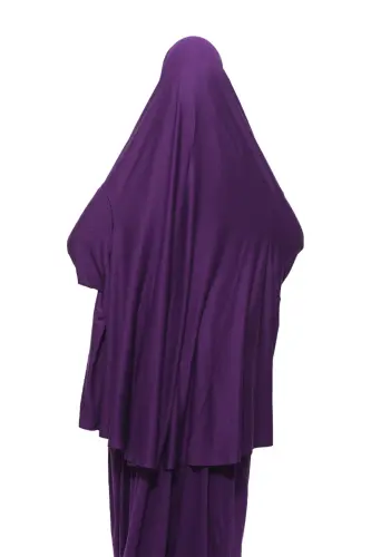 Pratik Iki Parça Pamuklu Yarasa Kollu Başörtülü Organik Tesettür Namaz Elbisesi-mürdüm-Mürdüm - 5