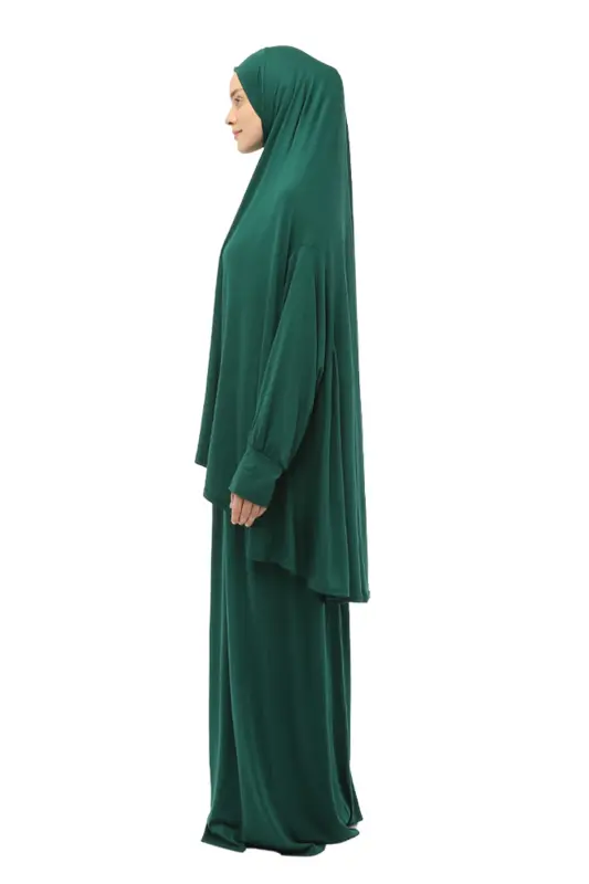 Pratik İki Parça Pamuklu Yarasa Kollu Başörtülü Organik Tesettür Namaz Elbisesi-Yeşil-Yeşil - 4