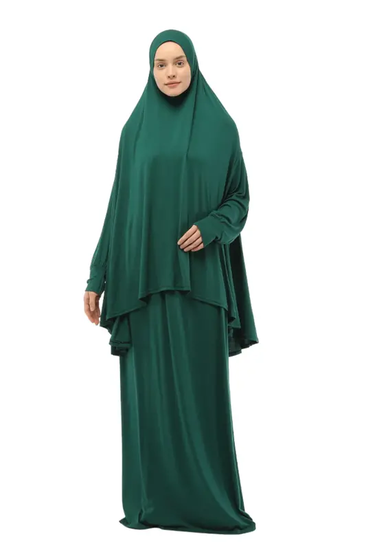Pratik İki Parça Pamuklu Yarasa Kollu Başörtülü Organik Tesettür Namaz Elbisesi-Yeşil-Yeşil - 2