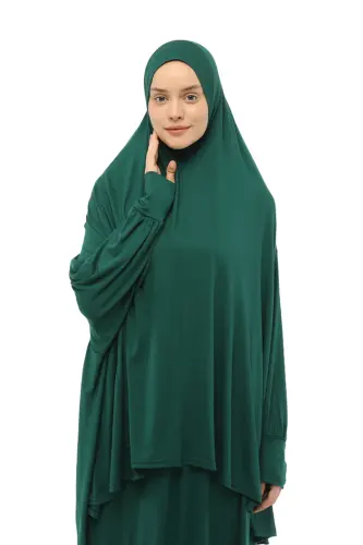 Pratik İki Parça Pamuklu Yarasa Kollu Başörtülü Organik Tesettür Namaz Elbisesi-Yeşil-Yeşil - 3