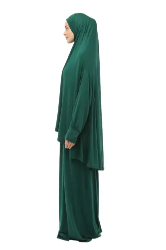 Pratik İki Parça Pamuklu Yarasa Kollu Başörtülü Organik Tesettür Namaz Elbisesi-Yeşil-Yeşil - 4