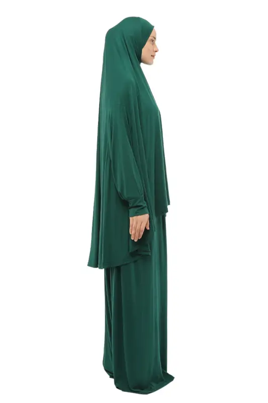 Pratik İki Parça Pamuklu Yarasa Kollu Başörtülü Organik Tesettür Namaz Elbisesi-Yeşil-Yeşil - 5