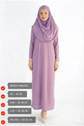 Pratik Tek Parça Kaymaz Başörtülü Kolay Giyilebilen Namaz Elbisesi-Çantalı Esnek Kumaş -Lila - 00457 Lila - 3