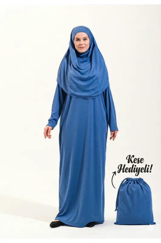 Pratik Tek Parça Kaymaz Başörtülü Kolay Giyilebilen Namaz Elbisesi-Çantalı Esnek Kumaş -Mavi-00404 Mavi - PLISTRE