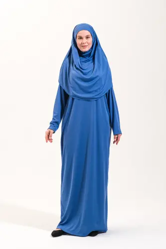 Pratik Tek Parça Kaymaz Başörtülü Kolay Giyilebilen Namaz Elbisesi-Çantalı Esnek Kumaş -Mavi-00404 Mavi - 3