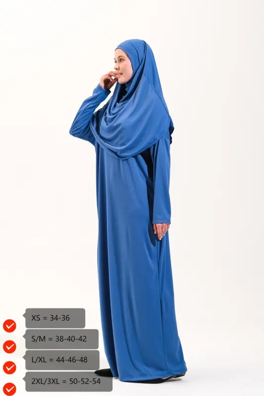 Pratik Tek Parça Kaymaz Başörtülü Kolay Giyilebilen Namaz Elbisesi-Çantalı Esnek Kumaş -Mavi-00404 Mavi - 5