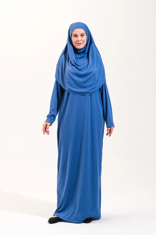 Pratik Tek Parça Kaymaz Başörtülü Kolay Giyilebilen Namaz Elbisesi-Çantalı Esnek Kumaş -Mavi-00404 Mavi - 3