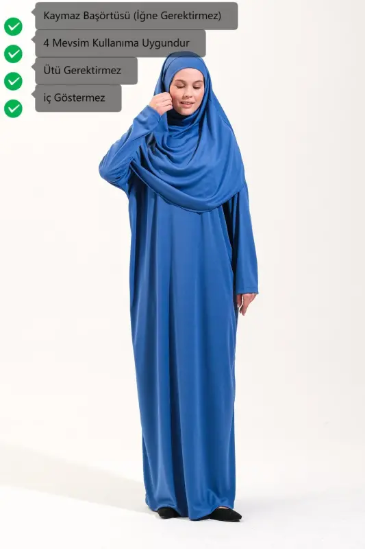 Pratik Tek Parça Kaymaz Başörtülü Kolay Giyilebilen Namaz Elbisesi-Çantalı Esnek Kumaş -Mavi-00404 Mavi - 4