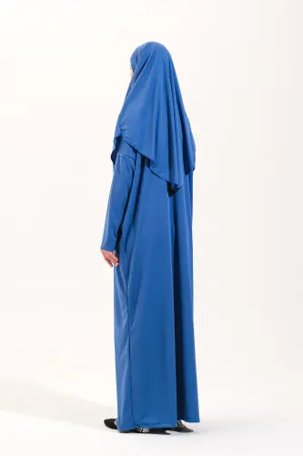 Pratik Tek Parça Kaymaz Başörtülü Kolay Giyilebilen Namaz Elbisesi-Çantalı Esnek Kumaş -Mavi-00404 Mavi - 7