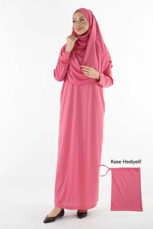 Pratik Tek Parça Kaymaz Başörtülü Kolay Giyilebilen Namaz Elbisesi - Çantalı - Pembe-00406 Pembe - 1