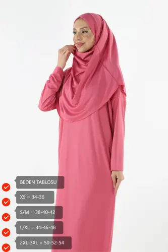Pratik Tek Parça Kaymaz Başörtülü Kolay Giyilebilen Namaz Elbisesi - Çantalı - Pembe-00406 Pembe - 3