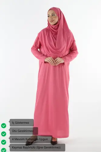 Pratik Tek Parça Kaymaz Başörtülü Kolay Giyilebilen Namaz Elbisesi - Çantalı - Pembe-00406 Pembe - PLISTRE (1)