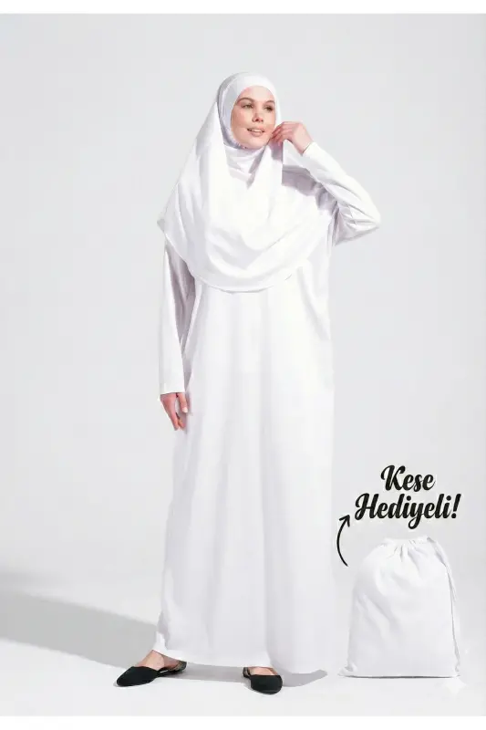 Pratik Tek Parça Kaymaz Başörtülü Kolay Giyilebilen Namaz Elbisesi-Taşıma Çantalı - Beyaz-00200 Beyaz - PLISTRE