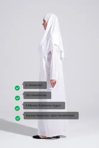 Pratik Tek Parça Kaymaz Başörtülü Kolay Giyilebilen Namaz Elbisesi-Taşıma Çantalı - Beyaz-00200 Beyaz - 3
