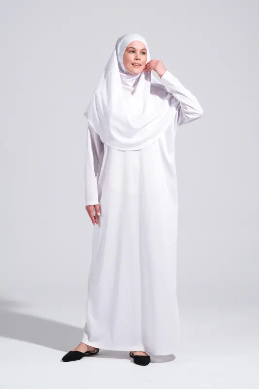 Pratik Tek Parça Kaymaz Başörtülü Kolay Giyilebilen Namaz Elbisesi-Taşıma Çantalı - Beyaz-00200 Beyaz - 5