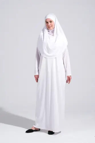 Pratik Tek Parça Kaymaz Başörtülü Kolay Giyilebilen Namaz Elbisesi-Taşıma Çantalı - Beyaz-00200 Beyaz - 6