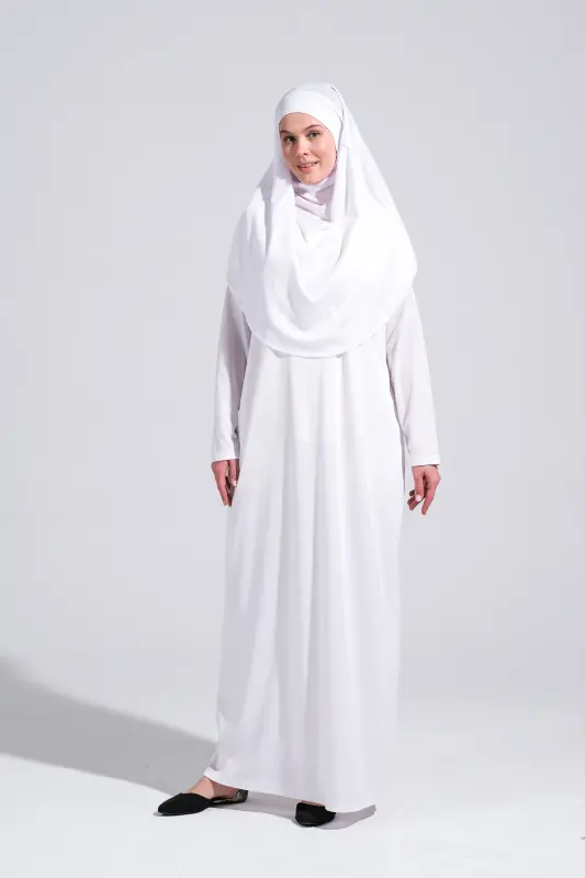 Pratik Tek Parça Kaymaz Başörtülü Kolay Giyilebilen Namaz Elbisesi-Taşıma Çantalı - Beyaz-00200 Beyaz - 6