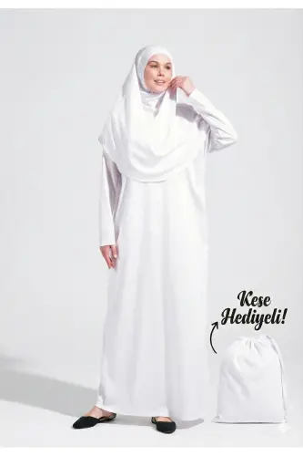 Pratik Tek Parça Kaymaz Başörtülü Kolay Giyilebilen Namaz Elbisesi-Taşıma Çantalı - Beyaz-00200 Beyaz 