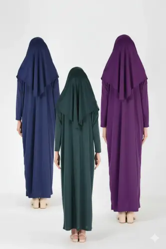 Pratik Tek Parça Kaymaz Başörtülü Kolay Giyilen Namaz Elbisesi-Çantalı - Lacivert Yeşil Mor-00559 Laci - 2