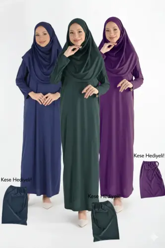 Pratik Tek Parça Kaymaz Başörtülü Kolay Giyilen Namaz Elbisesi-Çantalı - Lacivert Yeşil Mor-00559 Laci 