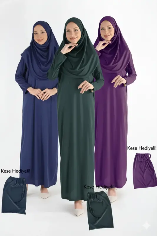 Pratik Tek Parça Kaymaz Başörtülü Kolay Giyilen Namaz Elbisesi-Çantalı - Lacivert Yeşil Mor-00559 Laci - PLISTRE