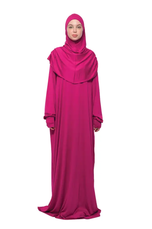 Pratik Tek Parça Pamuklu Yarasa Kollu Tak Çıkar Başörtülü Organik Namaz Elbisesi Fuşya-Fuşya - ALTOBEH