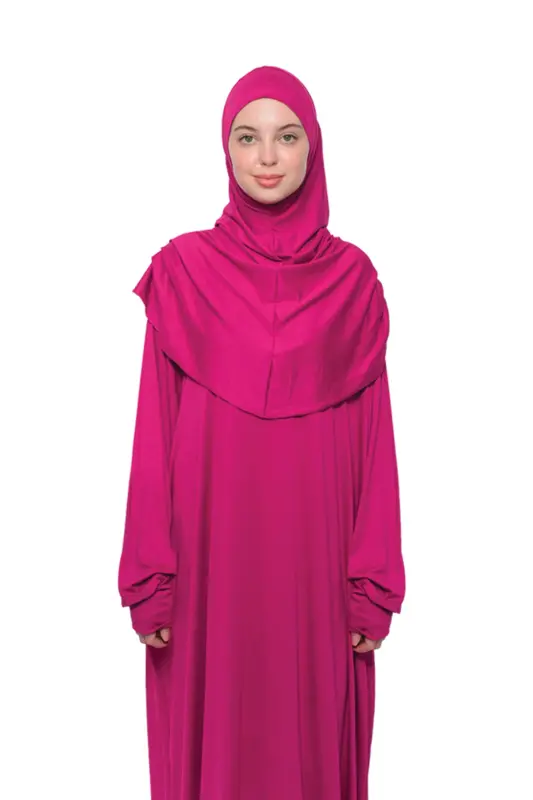 Pratik Tek Parça Pamuklu Yarasa Kollu Tak Çıkar Başörtülü Organik Namaz Elbisesi Fuşya-Fuşya - 2