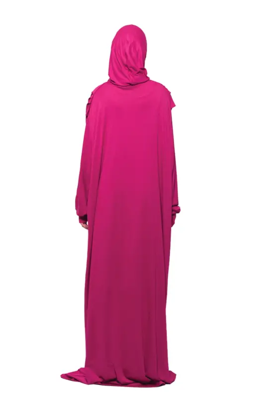 Pratik Tek Parça Pamuklu Yarasa Kollu Tak Çıkar Başörtülü Organik Namaz Elbisesi Fuşya-Fuşya - 5