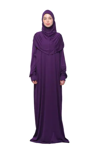 Pratik Tek Parça Pamuklu Yarasa Kollu Tak Çıkar Başörtülü Organik Namaz Elbisesi Mürdüm-Mürdüm - 1