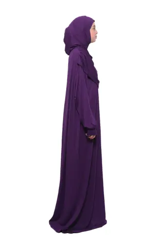 Pratik Tek Parça Pamuklu Yarasa Kollu Tak Çıkar Başörtülü Organik Namaz Elbisesi Mürdüm-Mürdüm - 4