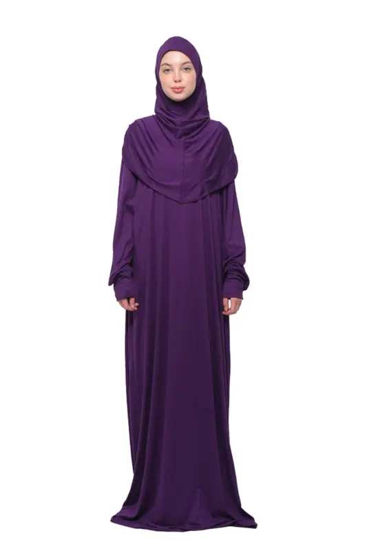 Pratik Tek Parça Pamuklu Yarasa Kollu Tak Çıkar Başörtülü Organik Namaz Elbisesi Mürdüm-Mürdüm - ALTOBEH