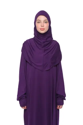 Pratik Tek Parça Pamuklu Yarasa Kollu Tak Çıkar Başörtülü Organik Namaz Elbisesi Mürdüm-Mürdüm - ALTOBEH (1)