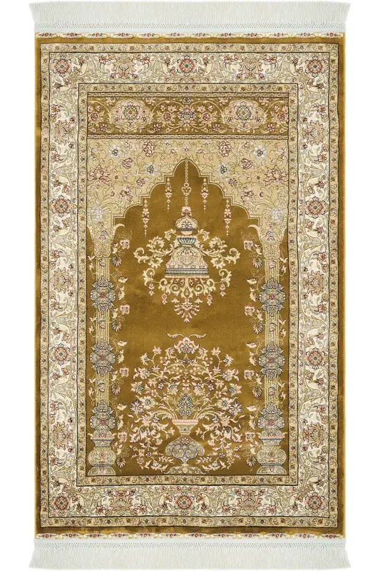 Prayer 01 Gold Hediyelik Kalın Namazlık Seccade Çeyizlik Gelin Damat Çift Bohçası Seccade Seti - Gold - COOL HALI