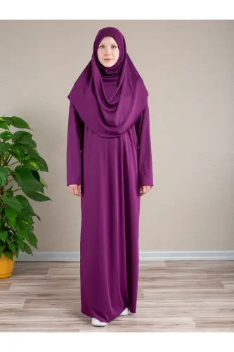 Prayer Dress with Attached Hijab - PLUM - 1