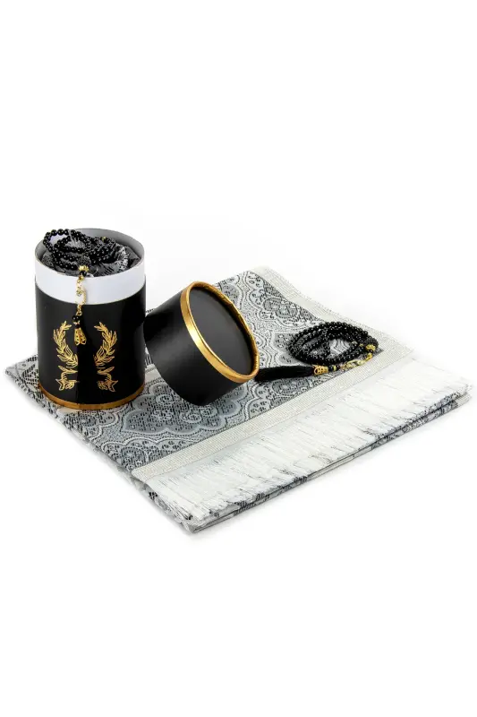 Prayer Rug and Pearl Rosary Special Cylinder Box Set Black Color-Multi Color - 1