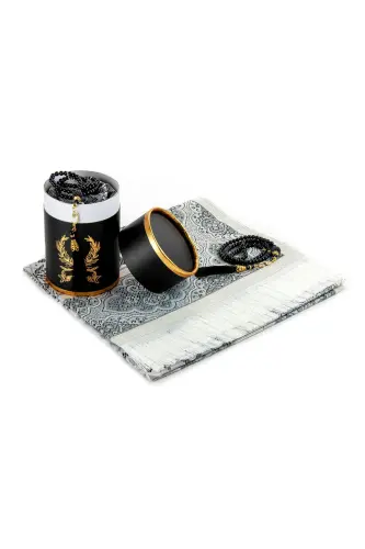 Prayer Rug and Pearl Rosary Special Cylinder Box Set Black Color-Multi Color - 7