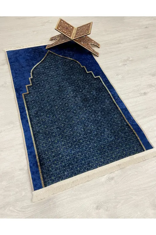Prayer Rug Fringed (Latex Base) 75x125 Size-Navy Blue - 2