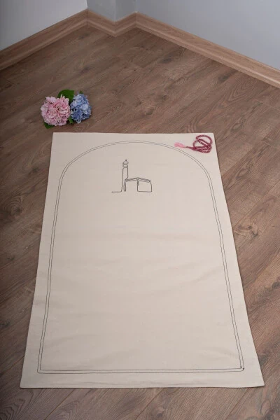 Prayer Rug Natural Plain Raw Linen - Kaaba - Embroidery Detail - 2