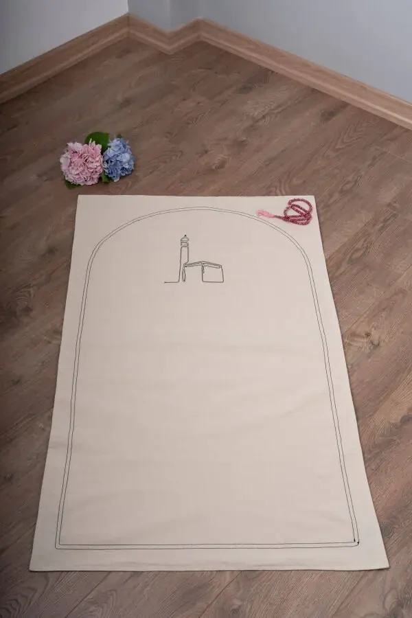 Prayer Rug Natural Plain Raw Linen - Kaaba - Embroidery Detail - 2