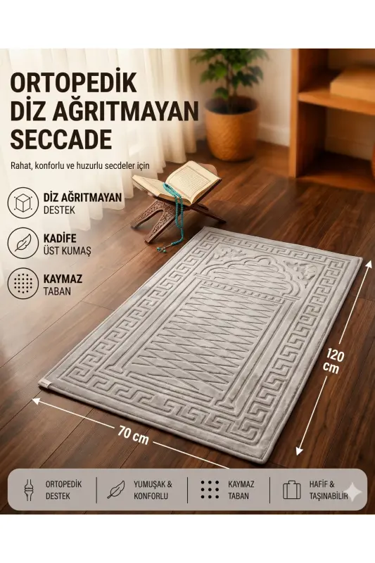 Prayer Rug Non-Slip Velvet Embossed, Embroidered, Special Soft Base 100% Cotton-Gray - 1
