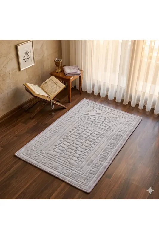 Prayer Rug Non-Slip Velvet Embossed, Embroidered, Special Soft Base 100% Cotton-Gray - 3