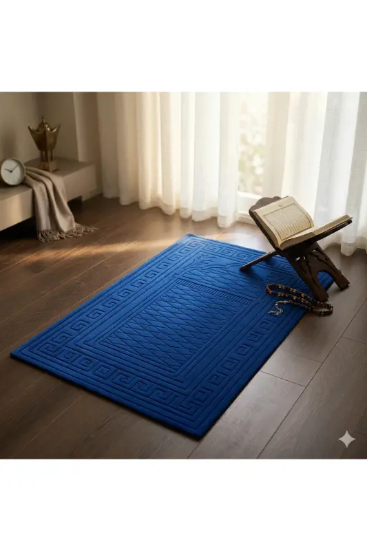 Prayer Rug Non-Slip Velvet, Embossed, Special Soft Base, 100% Cotton-Navy Blue - 4