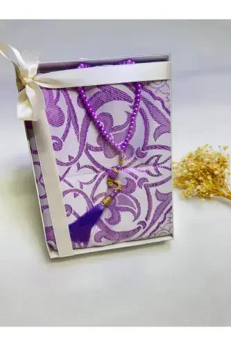 prayer rug set, 2 pcs bride bundle set, prayer rug rosary, gift, dowry mevlid gift-purple - 1