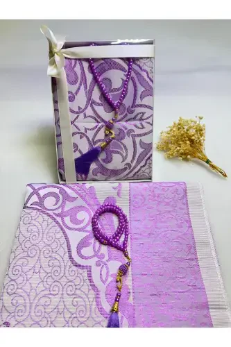 prayer rug set, 2 pcs bride bundle set, prayer rug rosary, gift, dowry mevlid gift-purple - 2