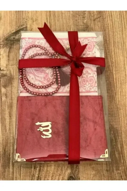 Prayer Rug Set 3 Pieces 1 Rosary 1 Prayer Rug 1 Yasin-i Sharif Burgundy-Burgundy - ENTI EV TEKSTILI